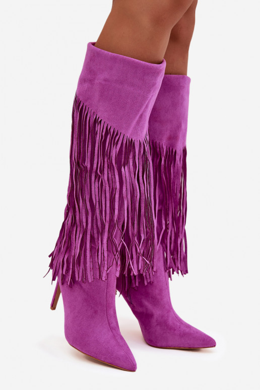 Women's High Heel Boots with Fringes Purple Isalune Women's High Heel Boots with Fringes Purple Isalune