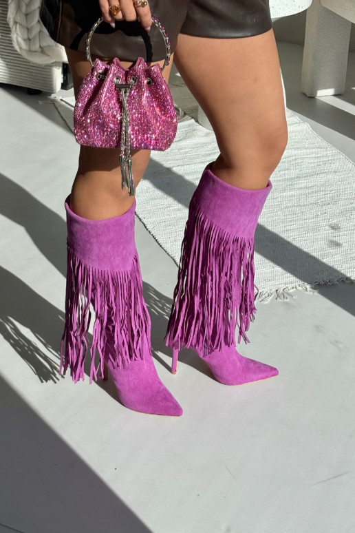 Women's High Heel Boots with Fringes Purple Isalune Women's High Heel Boots with Fringes Purple Isalune