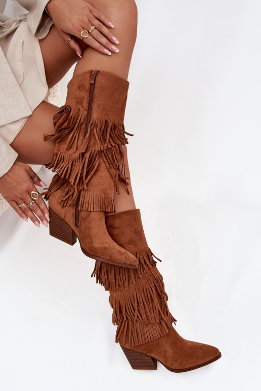 Ocieplane Kozaki Kowbojki DamskiewithFrędzlami Camel Brivina Ocieplane Kozaki Kowbojki DamskiewithFrędzlami Camel Brivina
