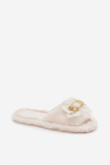 Furry Women's Slippers With Bow And Gold Decoration Light Beige Nolara 2