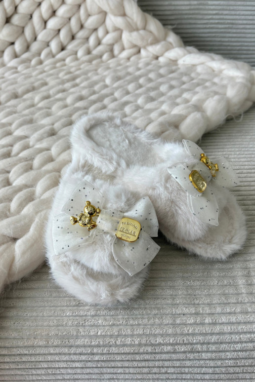 Furry Women's Slippers With Bow And Gold Decoration Light Beige Nolara