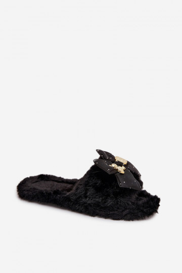 Fur Ladies Slippers With Bow And Golden Decoration Black Nolara 2