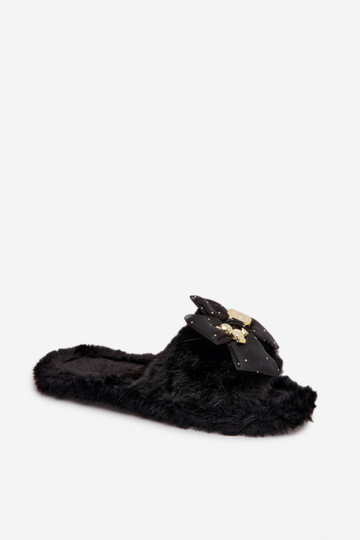Fur Ladies Slippers With Bow And Golden Decoration Black Nolara