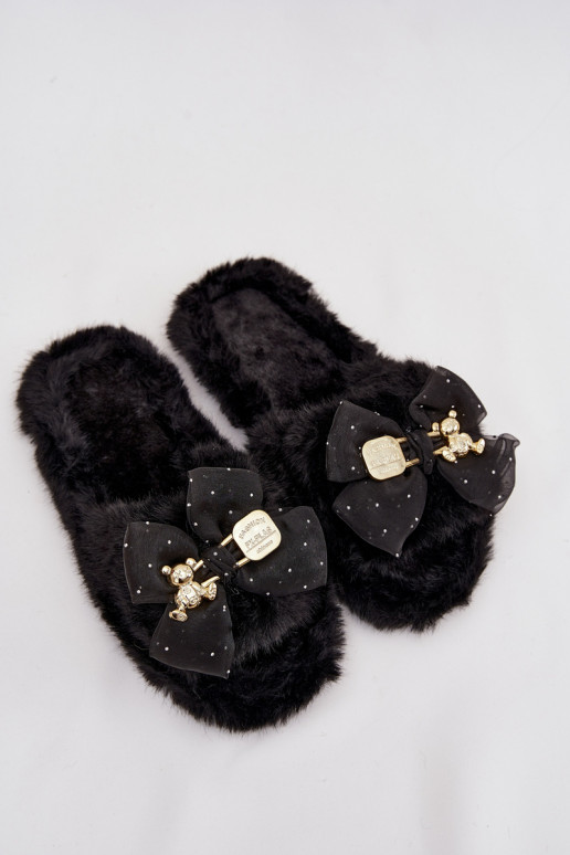 Fur Ladies Slippers With Bow And Golden Decoration Black Nolara