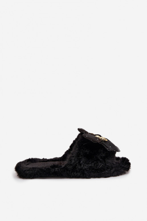 Fur Ladies Slippers With Bow And Golden Decoration Black Nolara