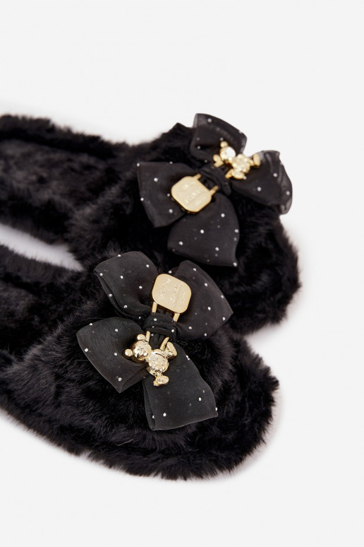 Fur Ladies Slippers With Bow And Golden Decoration Black Nolara