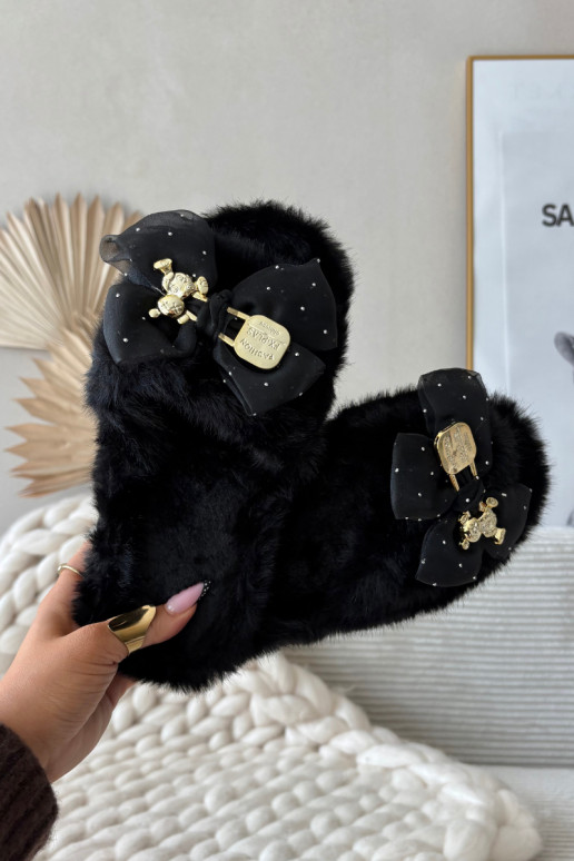 Fur Ladies Slippers With Bow And Golden Decoration Black Nolara