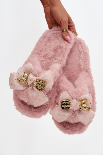 Furry Women's Slippers with Bow and Gold Decoration Pink Nolara