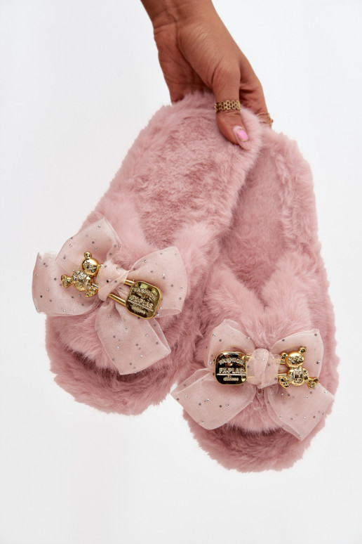 Furry Women's Slippers with Bow and Gold Decoration Pink Nolara