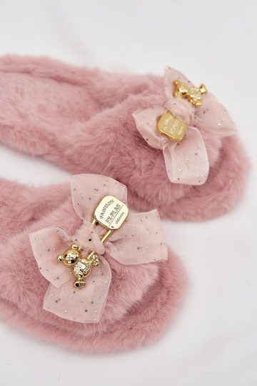 Furry Women's Slippers with Bow and Gold Decoration Pink Nolara 2