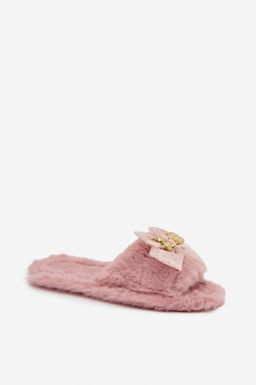 Furry Women's Slippers with Bow and Gold Decoration Pink Nolara