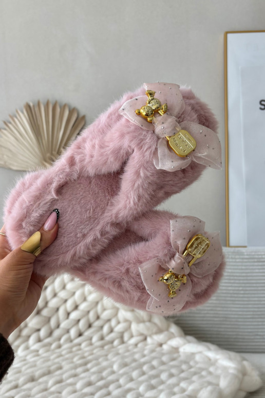 Furry Women's Slippers with Bow and Gold Decoration Pink Nolara