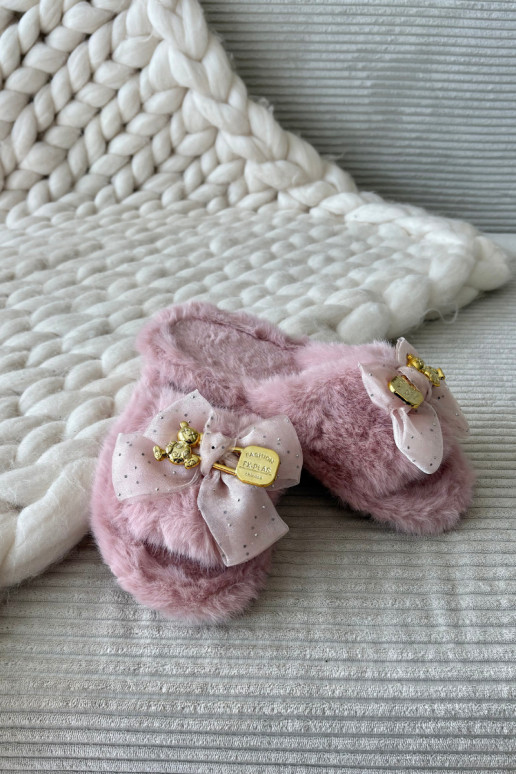 Furry Women's Slippers with Bow and Gold Decoration Pink Nolara