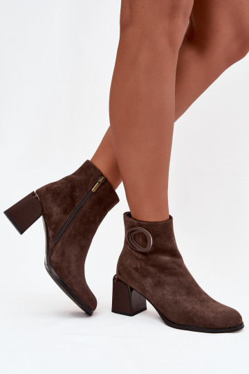 Suede Block Heel Boots with Lining Decorative Detail Artiker 57C0017 Brown