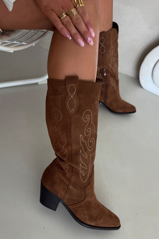 Suede Cowboy Boots For Women With Heel Brown Karira