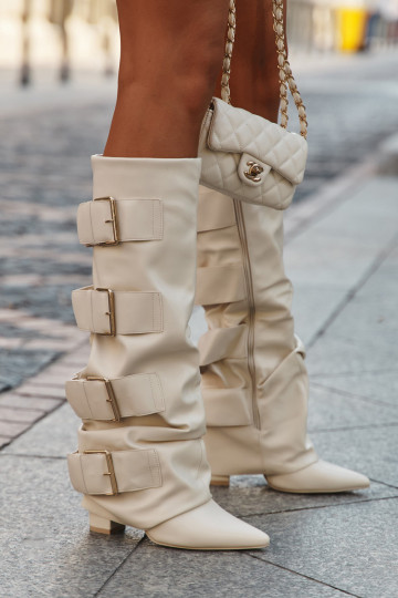 Women's High Heel Boots with Turned-up Shaft and Golden Buckles Light Beige Isavelle 2