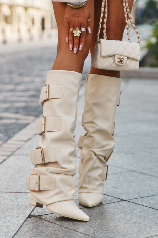 Women's High Heel Boots with Turned-up Shaft and Golden Buckles Light Beige Isavelle