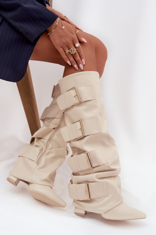 Women's High Heel Boots with Turned-up Shaft and Golden Buckles Light Beige Isavelle
