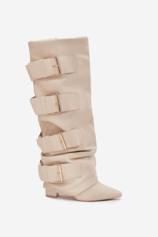 Women's High Heel Boots with Turned-up Shaft and Golden Buckles Light Beige Isavelle