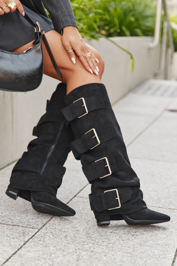 Women's heeled boots with turned-up shaft and gold buckles eco suede black Isavelle 2
