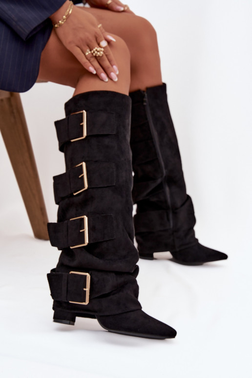 Women's heeled boots with turned-up shaft and gold buckles eco suede black Isavelle