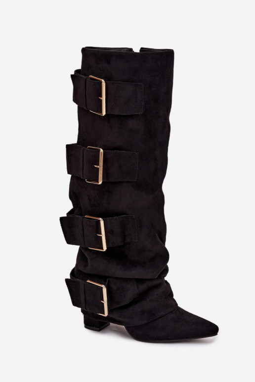 Women's heeled boots with turned-up shaft and gold buckles eco suede black Isavelle