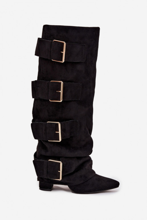 Women's heeled boots with turned-up shaft and gold buckles eco suede black Isavelle