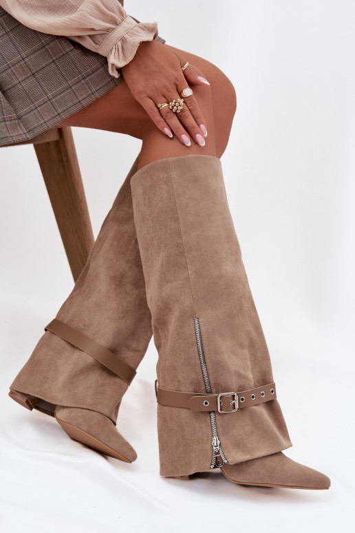 Kozaki Damskie Wsuwane Na SłupkuwithOzdobnym Paskiem Beżowe Jolivine