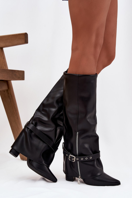 Women's Slip-On Ankle Boots with Heel Decorative Strap Eco Leather Black Jolivine Women's Slip-On Ankle Boots with Heel Decorative Strap Eco Leather Black Jolivine