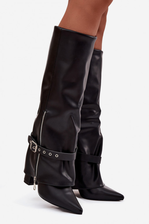 Women's Slip-On Ankle Boots with Heel Decorative Strap Eco Leather Black Jolivine Women's Slip-On Ankle Boots with Heel Decorative Strap Eco Leather Black Jolivine