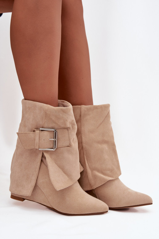 Platform ankle boots with turned-up shaft and buckle eco suede beige Vortinia