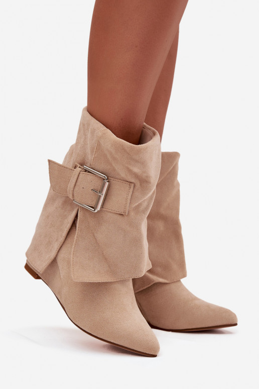 Platform ankle boots with turned-up shaft and buckle eco suede beige Vortinia