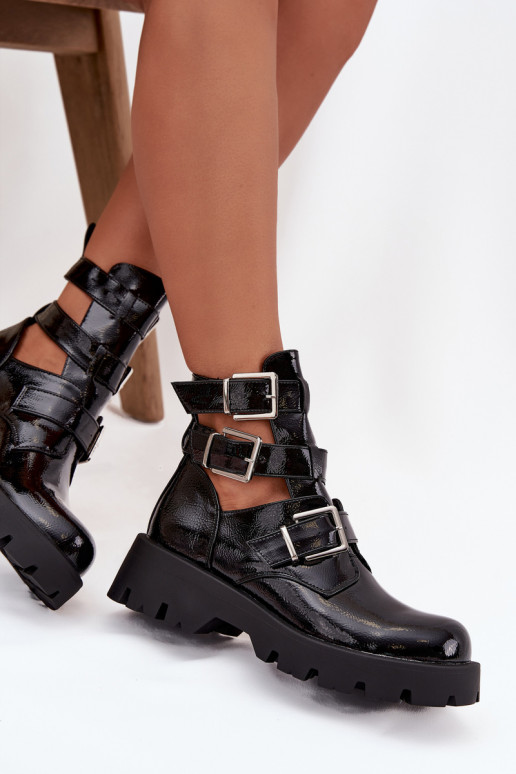 Lacquered Women's Boots with Straps and Silver Clamps Black Helisse Lacquered Women's Boots with Straps and Silver Clamps Black Helisse