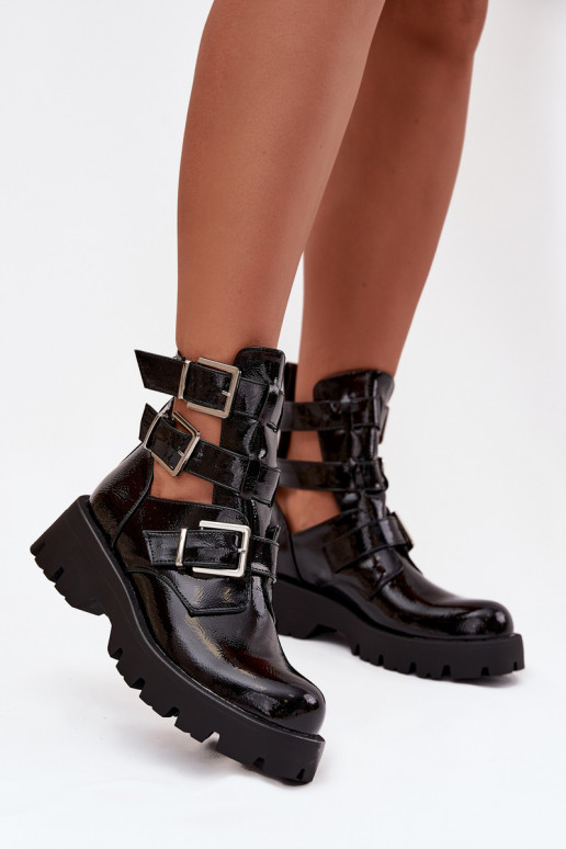 Lacquered Women's Boots with Straps and Silver Clamps Black Helisse Lacquered Women's Boots with Straps and Silver Clamps Black Helisse