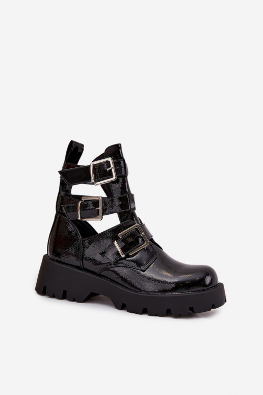 Lacquered Women's Boots with Straps and Silver Clamps Black Helisse Lacquered Women's Boots with Straps and Silver Clamps Black Helisse