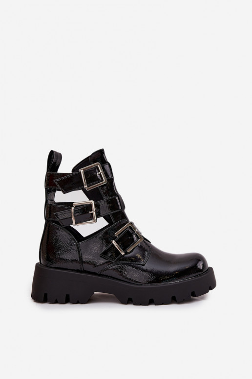 Lacquered Women's Boots with Straps and Silver Clamps Black Helisse Lacquered Women's Boots with Straps and Silver Clamps Black Helisse