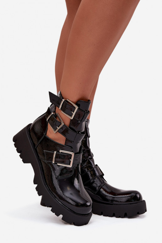 Lacquered Women's Boots with Straps and Silver Clamps Black Helisse Lacquered Women's Boots with Straps and Silver Clamps Black Helisse