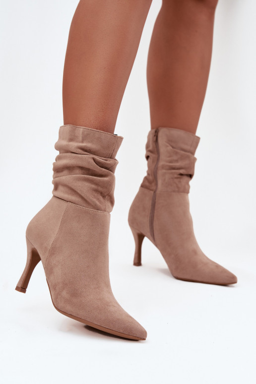 Women's Heeled Ankle Boots With Wrinkled Shaft Eco Suede Zip Beige Ulisse Women's Heeled Ankle Boots With Wrinkled Shaft Eco Suede Zip Beige Ulisse
