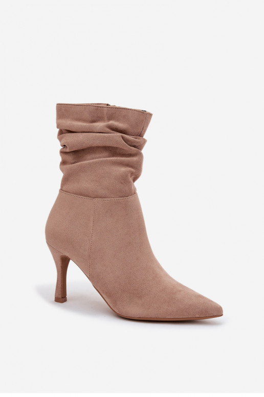 Women's Heeled Ankle Boots With Wrinkled Shaft Eco Suede Zip Beige Ulisse Women's Heeled Ankle Boots With Wrinkled Shaft Eco Suede Zip Beige Ulisse
