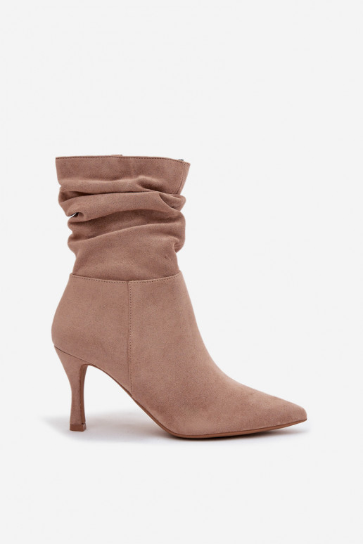 Women's Heeled Ankle Boots With Wrinkled Shaft Eco Suede Zip Beige Ulisse Women's Heeled Ankle Boots With Wrinkled Shaft Eco Suede Zip Beige Ulisse