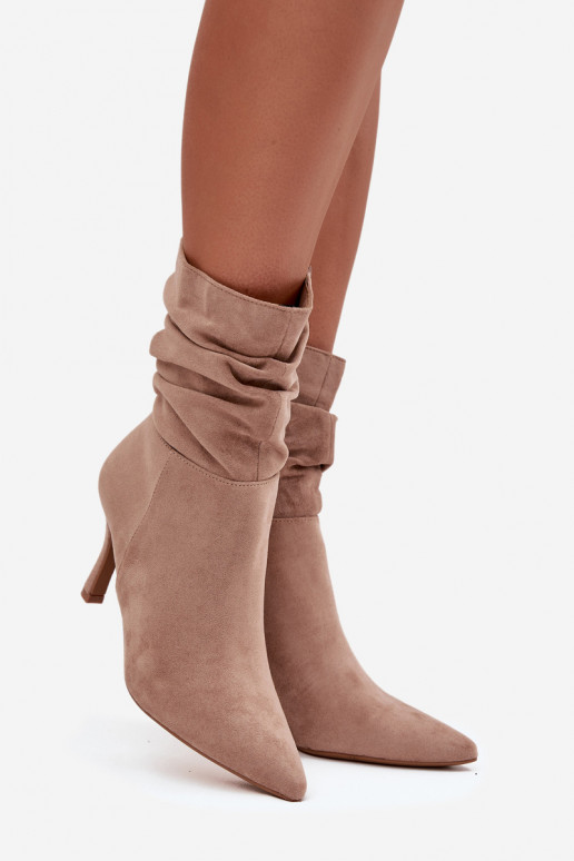 Women's Heeled Ankle Boots With Wrinkled Shaft Eco Suede Zip Beige Ulisse Women's Heeled Ankle Boots With Wrinkled Shaft Eco Suede Zip Beige Ulisse
