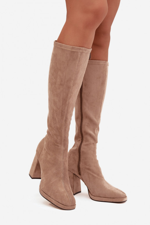 Women's Boots with Stitching on Block Heel Beige Brivana