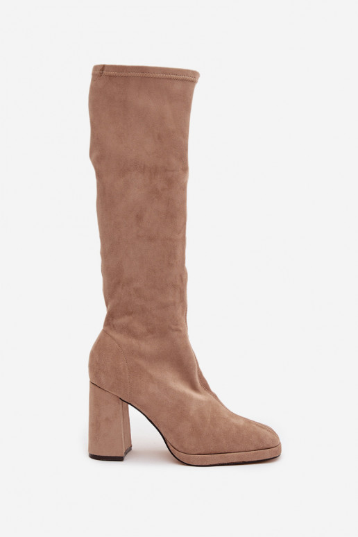 Kozaki DamskiewithPrzeszyciami Na Słupkowym Obcasie Beżowe Brivana