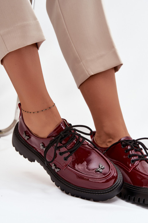 Lakierowane Skórzane Półbuty DamskiewithPrzypinkami Artiker 57C0336 Bordowe