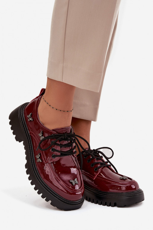 Lakierowane Skórzane Półbuty DamskiewithPrzypinkami Artiker 57C0336 Bordowe
