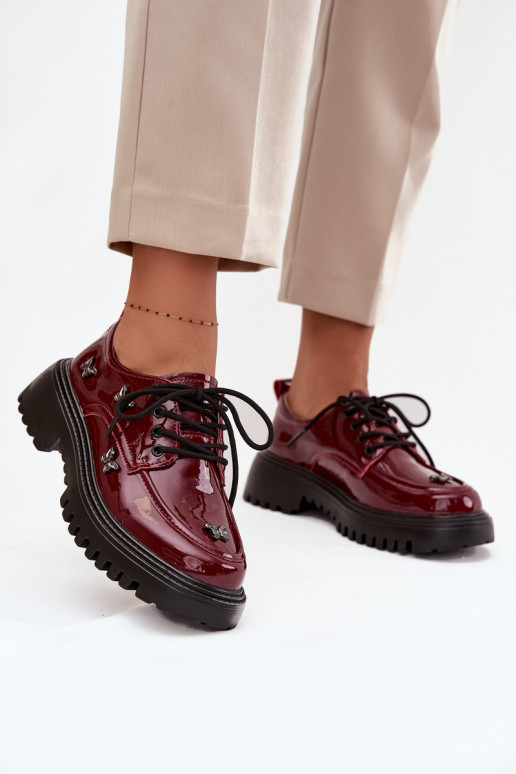 Lakierowane Skórzane Półbuty DamskiewithPrzypinkami Artiker 57C0336 Bordowe