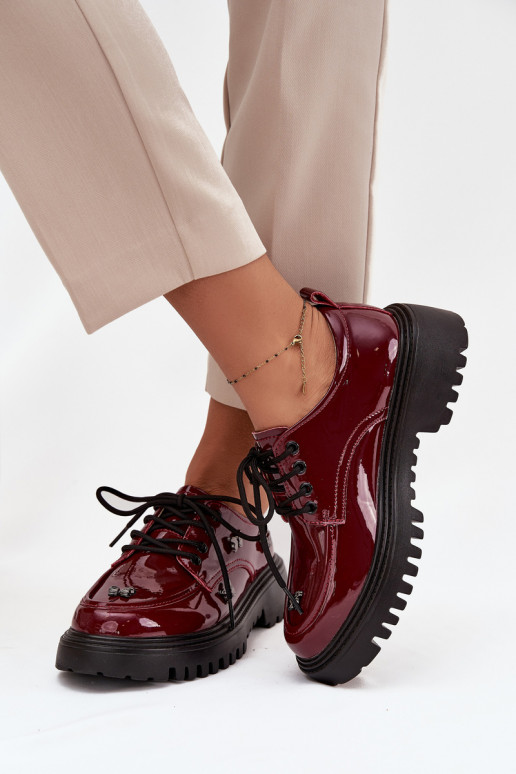 Lakierowane Skórzane Półbuty DamskiewithPrzypinkami Artiker 57C0336 Bordowe