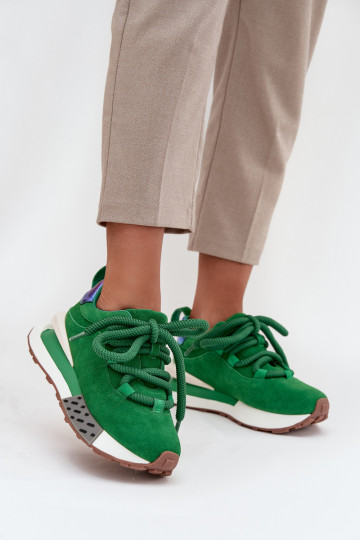 Suede Women's Sneakers On Platform With Thick Lacing Artiker 55C0136 Green 2