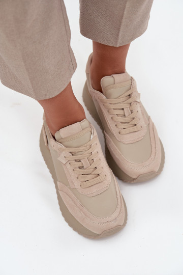 Skórzane Sneakersy Damskie Na Platformie Artiker 55C0021 Beżowe