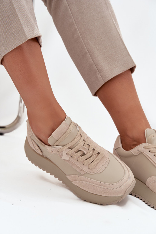 Skórzane Sneakersy Damskie Na Platformie Artiker 55C0021 Beżowe